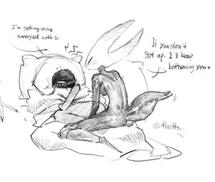 2_horns alternate_form annoyed anthro arthropod_abdomen bedding black_body blanket blush breasts cross-popping_vein duo emanata female female/female glare glaring glaring_at_another heart_symbol horn looking_at_another lying motion_lines narrowed_eyes nude nude_female on_side pillow pose sitting speech_marker squint text alretta hollow_knight:_silksong hollow_knight_(franchise) team_cherry hornet_(hollow_knight) lace_(hollow_knight:_silksong) arthropod insect black_and_white english_text full-length_portrait hi_res monochrome portrait signature sketch