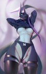 anthro barely_contained barely_contained_pussy big_fangs black_body black_clothing black_legwear black_panties black_sclera black_topwear black_underwear blurred_background breasts camel_toe clothed clothing fangs female front_view hair legwear looking_at_viewer looking_down looking_down_at_viewer mouth_closed narrowed_eyes panties partially_visible_vulva pink_eyes purple_hair solo standing teeth topwear under_boob underwear white_body shermugi nisha_(ott_butt) canid canine canis jackal mammal 2021 hi_res portrait three-quarter_portrait