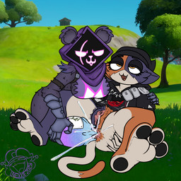 5_fingers anal_hair anthro anus armor beanie black_clothing black_hoodie black_topwear bodily_fluids bottomless bottomless_female brown_body brown_fur butt calico_pattern clothed clothing ear_scar feet female female/female fingers flowberry_fizz french_kissing fur gauntlets genital_fluids genitals gloves handwear hat headgear headwear hoodie kissing orange_eyes outdoor_nudity outside pink_eyes presenting presenting_anus presenting_hindquarters presenting_vulva pubes purple_body purple_fur scar shield_potion soles spread_butt spread_legs spread_vulva spreading tail toes tongue tongue_out topwear vulva nexxiethejester epic_games fortnite meow_skulls raven_team_leader bear calico_cat domestic_cat felid feline felis mammal 1:1 absurd_res hi_res