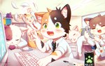 anthro beverage black_nose blush blush_lines bodily_fluids clothed clothing collared_shirt computer cute_fangs drooling electronics energy_drink eyes_closed fangs green_eyes group kemono keyboard male napping necktie office office_worker pantsless pawpads pink_nose pointy_ears saliva shirt sleeping teeth topwear worker young young_anthro young_male piporinton absurd_res hi_res sketch