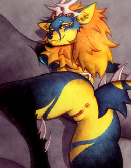 anthro anus arm_tuft big_butt black_body blonde_hair blue_body blue_ears blue_eyes blue_fur blue_nose blue_tail butt butt_focus ear_tuft fangs female fur genital_focus genitals hair horn multicolored_body multicolored_fur multicolored_hair nude orange_hair rear_view shoulder_hair shoulder_tuft solo tail teeth thorns tuft vaginal vulva vulva_focus yellow_body yellow_ears yellow_fur rispi mythology mythological_creature hi_res