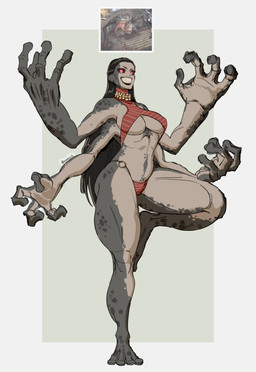 anthro anthrofied breasts clothed clothing extra_limbs female grey_body grey_skin grin hair halter_bikini long_hair multi_arm multi_limb multicolored_chest o-ring_bikini_bottom on_one_leg red_sclera skimpy smile standing thick_thighs under_boob menaslg fromsoftware the_duskbloods amphibian amphibian_humanoid animal_humanoid frog_humanoid humanoid absurd_res character_request hi_res