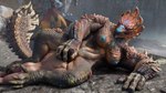 4_fingers abs anthro athletic bedroom_eyes between_legs between_thighs biceps big_breasts black_hair blue_nipples breasts brown_body brown_scales butt camp camping_tent chin_spikes claws cunnilingus detailed_background dominant dominant_anthro dominant_female duo eyelashes facial_spikes fangs female fingers forced forced_oral hair half-closed_eyes hand_on_head hand_on_leg hand_on_thigh horn larger_anthro larger_female looking_at_another looking_at_partner lying male male/female muscular muscular_female narrowed_eyes nipples nude on_ground on_side oral outside pinned raised_tail red_body red_scales rock scales scaly_breasts seductive sex size_difference smaller_human smaller_male smile spikes spikes_(anatomy) spread_legs spreading submissive submissive_human submissive_male tail teeth thick_thighs toned_female vaginal yellow_eyes anonymous_artist ivorylagiacrus capcom monster_hunter ajarakan human mammal primatius scalie 16:9 2025 3d_(artwork) 4k absurd_res artist_collaboration blender_(artwork) digital_media_(artwork) hi_res widescreen