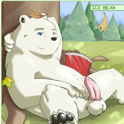 anthro axe balls biped black_nose blue_eyes bodily_fluids detailed_background erection forest fur genital_fluids genitals hand_behind_head leaf looking_at_viewer lying male melee_weapon nude on_back outside paws penis plant precum solo text tree weapon white_body white_fur graft_(artist) cartoon_network we_bare_bears ice_bear_(we_bare_bears) bear mammal polar_bear ursine 1:1 english_text hi_res
