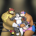 anthro belly big_belly bodily_fluids brown_body brown_fur bulge clothing eyes_closed fighting_ring fur grope group humanoid_hands jockstrap kemono male male/male mask moobs nipples overweight overweight_male size_difference sweat trio underwear wrestler mtflying30371 bear canid canine canis mammal wolf 1:1 2019 hi_res