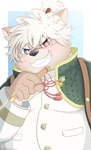 anthro belly blush brown_body brown_fur cape clothing eyebrows fur grin hair heterochromia knife male slightly_chubby smile smug solo thick_eyebrows white_hair young young_anthro daifuku_takata lifewonders tokyo_afterschool_summoners masashi_(tas) canid canine canis domestic_dog mammal hi_res