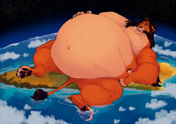 anthro belly big_belly black_hair black_nose chest_tuft eye_scar facial_scar fur green_eyes hair hand_on_belly huge_belly lying macro macro_anthro male mane moobs morbidly_obese morbidly_obese_male navel obese obese_male on_back orange_body orange_fur overweight overweight_male scar sharp_teeth smile solo tail tan_body tan_fur teeth tuft yellow_sclera likanen disney the_lion_king scar_(the_lion_king) felid lion mammal pantherine hi_res