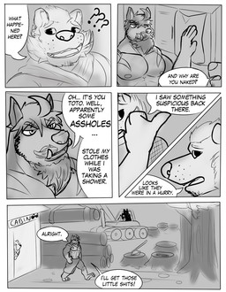 abs angry anthro barazoku beard body_hair dialogue facial_hair fangs forest fur gesture group hand_gesture locker_room male markings muscular muscular_anthro muscular_male mustache nipples outside pecs plant profanity teeth text towel tree trio zordykeaboo home_zomewhere_else chad_harman toto_(hze) canid canine canis dobermann domestic_dog hybrid mammal mastiff molosser nordic_sled_dog pinscher rottweiler samoyed spitz comic english_text hi_res monochrome