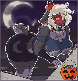 5_fingers alternate_costume anthro areola arm_tuft armwear bent_over big_breasts big_butt black_body breasts butt candy candy_bucket clothing collar cosplay crossover_cosplay dessert detached_sleeves eyelashes female fingers food glowing glowing_eyes grey_areola grey_body hair horn inner_ear_fluff jack-o'-lantern long_hair looking_down multicolored_body nipples outline red_eyes shoulder_tuft smile solo spiked_collar spikes thick_thighs three-quarter_view tongue tongue_out torn_clothing tuft two_tone_body white_hair blankyart cult_of_the_lamb hellaverse helluva_boss massive_monster_(studio) lamb_(cult_of_the_lamb) loona_(helluva_boss) red_crown_(cult_of_the_lamb) bovid caprine mammal sheep 2025 crossover digital_media_(artwork) hi_res shaded signature