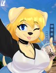 anthro beverage big_breasts big_butt blonde_hair blue_eyes breasts bubble_tea butt clothed clothing collar curvy_figure detailed_background female fur golden_gate_bridge hair looking_at_viewer outside san_francisco selfie short_stack smile solo thick_thighs tongue tongue_out topwear lobokosmico marzia_(lobokosmico) bird_dog canid canine canis domestic_dog golden_retriever hunting_dog mammal retriever 2022 absurd_res digital_drawing_(artwork) digital_media_(artwork) hi_res