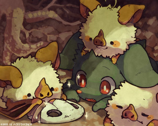 ambiguous_gender feral fur group iris open_mouth pupils red_eyes red_tongue teeth text tongue white_pupils white_text fuwaxfuwa echolocaution shirohera_(echolocaution) tengu_(echolocaution) bat mammal 2021 5:4 dated japanese_text brother_(lore) brothers_(lore) sibling_(lore)