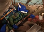 anthro backpack gun male multicolored_body post-apocalyptic ranged_weapon rifle solo two_tone_body weapon krahs_tsai canid canine canis mammal wolf colored hi_res