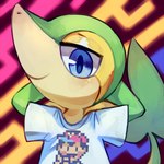 ambiguous_gender blue_eyes closed_smile clothed clothing green_tail hands_behind_head looking_at_viewer mouth_closed print_clothing pupils shirt smile solo tail topwear white_sclera flavia-elric earthbound_(series) nintendo pokemon ness generation_5_pokemon pokemon_(species) snivy 1:1 2018 digital_media_(artwork)