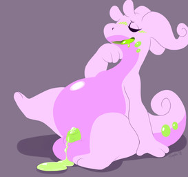 2_toes 3_fingers animal_genitalia antennae_(anatomy) balls belly big_balls big_belly blush bodily_fluids dripping excessive_genital_fluids excessive_precum eyelashes eyes_closed fantasizing feet fingers genital_fluids genitals half-erect leaning leaning_backward male nude open_mouth open_smile overweight overweight_male penis precum precum_drip precum_puddle raised_leg saliva sheath simple_background sitting slime smile solo spread_legs spreading tail toes tongue vein frumples mythology nintendo pokemon dragon generation_6_pokemon goodra mythological_creature mythological_scalie pokemon_(species) scalie 2018 digital_media_(artwork)