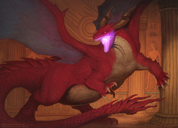 ambiguous_gender claws column feral glowing glowing_mouth horn membrane_(anatomy) membranous_wings red_body red_scales scales solo tail text wall_(structure) wings john_tedrick final_fantasy final_fantasy_vii hasbro magic:_the_gathering mythology square_enix wizards_of_the_coast dragon mythological_creature mythological_scalie scalie 2023 absurd_res english_text hi_res official_art