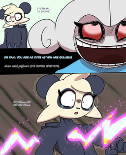 anthro bodily_fluids crazy_eyes dialogue duo evil_face evil_grin gameplay_mechanics insane male multicolored_body pain penetration pokemorph red_eyes smile tears text token_taker nintendo pokemon cham_(token_taker) pan_(token_taker) generation_3_pokemon generation_6_pokemon meditite pancham pokemon_(species) comic digital_media_(artwork) english_text hi_res