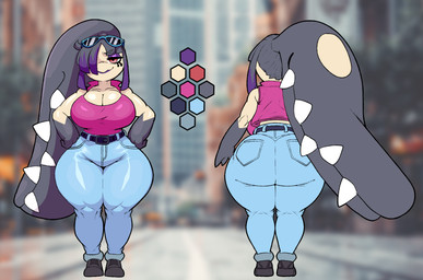 anthro anthrofied big_breasts bottomwear breasts cleavage clothed clothing color_swatch eyewear eyewear_on_head female hair pants pokemorph purple_hair shirt solo sunglasses sunglasses_on_head thick_thighs topwear yellow_body spintopple nintendo pokemon fan_character mandy_(jenkinsc37) generation_3_pokemon mawile pokemon_(species) absurd_res digital_media_(artwork) hi_res model_sheet