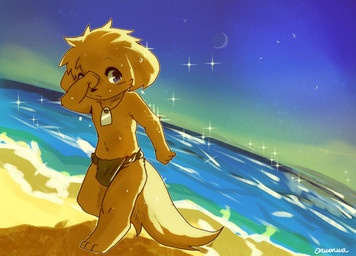 3_toes anthro asian_clothing barefoot beach blue_eyes clothed clothing east_asian_clothing feet fundoshi fundoshi_only fur green_clothing green_fundoshi green_underwear japanese_clothing jewelry kemono looking_at_viewer male moon navel necklace rokushaku_fundoshi sand sea serious sky solo tail toes topless underwear underwear_only water wet wet_body white_body white_fur young young_anthro young_male onwanwa tamo_(onwanwa) canid canine canis domestic_dog mammal 2025 hi_res japanese_description
