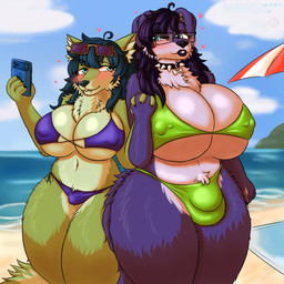 anthro beach big_breasts big_bulge bikini biped black_lipstick blue_eyes blue_hair blush breasts bulge camel_toe canine_vulva_outline cellphone clothing collar detailed_bulge duo electronics eyewear female female_anthro fluffy fur genital_outline glasses green_body green_fur gynomorph gynomorph/female gynomorph_anthro hair hand_holding happy heart_symbol huge_breasts hyper hyper_breasts intersex intersex/female intersex_anthro lips lipstick makeup nipple_outline nipple_piercing_outline parasol phone pubes purple_body purple_fur purple_hair sea selfie smartphone spiked_collar spikes summer sunglasses swimwear thick_lips thick_thighs two-piece_swimsuit vulva_outline water boobfan06 agnes_(boobfan06) lyssa_(boobfan06) border_collie canid canine canis collie domestic_dog herding_dog mammal pastoral_dog sheepdog wolf 1:1 colored_sketch hi_res sketch