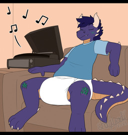 ageplay anthro blue_clothing blue_shirt blue_topwear clean_diaper clothed clothing diaper diaper_fetish enjoying eyes_closed fangs furniture hair horn infantilism inside leaning leaning_backward listening_to_music male markings on_sofa playing_music purple_body purple_hair relaxing roleplay shirt sitting sitting_on_sofa sofa solo spiked_tail spikes spikes_(anatomy) spread_legs spreading tail teeth topwear vinyl_record wearing_diaper shadyadi mythology jet_(jetthedrake) dragon mythological_creature mythological_scalie scalie hi_res