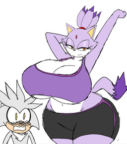 amber_eyes anthro athletic_wear big_breasts biped blush blush_lines bored bottomwear bra breasts cleavage clothed clothing curvy_figure dipstick_tail duo eyelashes female female_focus flustered forehead_gem gem glistening_eyelids gym_bottomwear gym_shorts hair hourglass_figure huge_breasts huge_hips lidded_eyes looking_at_another looking_at_viewer male markings midriff navel purple_body purple_hair raised_arms shorts simple_background solo_focus sports_bra standing stretching tail tail_markings thick_thighs three-quarter_view tied_hair tight_bottomwear tight_clothing tight_shorts under_boob underwear white_background wide_eyed wide_hips momijizx sega sonic_the_hedgehog_(series) blaze_the_cat silver_the_hedgehog domestic_cat eulipotyphlan felid feline felis hedgehog mammal 2023 digital_drawing_(artwork) digital_media_(artwork) hi_res portrait three-quarter_portrait