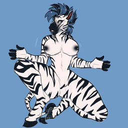 5_fingers anthro black_eyebrows black_hooves black_nipples black_tail_tuft black_vulva blue_background blue_eyes breasts eyebrows female fingers fur genitals hooves multicolored_body multicolored_fur nipples open_mouth raised_eyebrow red_tongue simple_background solo stripes tail tail_tuft teeth tongue tuft vulva white_body white_fur famousartpotato equid equine mammal zebra 1:1 hi_res
