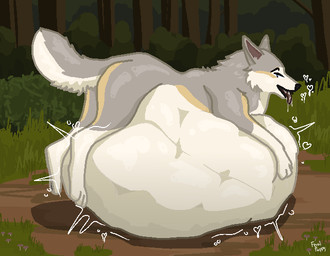 3_toes ambiguous_gender ambiguous_pred belly big_belly black_eyebrows black_nose blue_eyes bodily_fluids day digestion drooling eyebrows feet feral forest fur grass grey_body grey_fur heart_symbol multicolored_body multicolored_fur outside plant purple_tongue saliva shrub size_difference smaller_pred solo tail toes tongue tongue_out tree vore feral-puppy canid canine canis mammal wolf shaded
