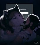 anthro beard black_body black_fur brown_body brown_fur claws duo eyes_closed facial_hair facial_piercing french_kissing fur gold_claws hand_on_face hand_on_neck human_on_anthro interspecies kissing larger_anthro larger_male male male/male male_on_anthro male_on_human nose_piercing nose_ring pawpads piercing ring_piercing screen septum_piercing simple_background size_difference smaller_human smaller_male tongue tongue_out white_body white_fur sepulte reyes_(sepulte) canid canine canis human mammal wolf 2020 hi_res