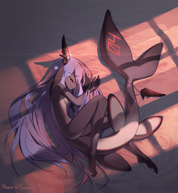 5_fingers anthro blush blush_lines bodily_fluids broken_horn crying female fin fingers hair horn long_hair multicolored_body nude purple_body purple_hair shark_tail sleeping solo tail tail_fin tears text two_tone_body white_body young yawaraky phaerii_(yawaraky) aquatic fish hybrid shark absurd_res hi_res