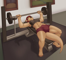 abs anthro arms_out athletic athletic_anthro athletic_gynomorph athletic_intersex athletic_wear balls barbell big_bulge big_penis biped black_nose bodily_fluids bottomwear bra breasts brown_hair bulge clothed clothed_anthro clothed_gynomorph clothed_intersex clothing erection exercise exposed fur genitals green_eyes gym gynomorph gynomorph_anthro hair humanoid_genitalia humanoid_penis inside intersex intersex_anthro lying navel nipple_outline on_back penis penis_poking_out short_hair shorts solo sports_bra sweat tan_body tan_fur tan_penis tight_clothing underwear weightlifting weights workout kittydee kaz_(kaztheotter) mammal mustelid otter 2016 digital_media_(artwork) signature