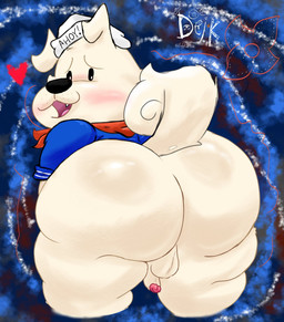 anthro backsack balls big_butt blush butt clothing fangs genitals hat headgear headwear huge_butt looking_at_viewer male nude open_mouth penis rear_view smile smiling_at_viewer solo tail teeth wide_hips ugly-rat15508 stranger_things terrence_(ugly-rat15508) canid canine canis demogorgon domestic_dog mammal digital_drawing_(artwork) digital_media_(artwork) hi_res