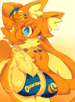 anthro blue_eyes blue_nails breasts brown_nose chest_tuft clothed clothing colored_nails eating female food fruit fur inner_ear_fluff looking_at_viewer nails orange_body orange_fur plant simple_background solo swimwear tan_body tan_fur tuft toumitu orangina suntory_holdings_limited canid mammal 2015