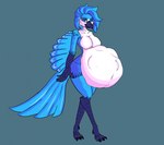 anthro beak belly big_belly big_breasts biped blue_body blue_eyes blue_fur blue_hair breasts digestion feathers female female_anthro fur hair navel nude same_size_vore solo tail vore a.u.tumn avian bird 2023 digital_media_(artwork) krita_(artwork)