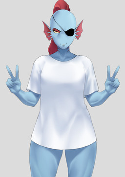 blue_body bottomless breasts clothed clothing double_v_sign eye_patch eyebrows eyelashes eyewear female gesture hair hand_gesture ponytail red_hair shirt shirt_only solo t-shirt t-shirt_only topwear topwear_only v_sign meruzis undertale_(series) undyne animal_humanoid aquatic aquatic_humanoid fish fish_humanoid humanoid 2025 absurd_res hi_res