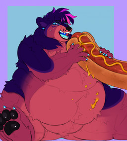 anthro belly big_belly black_eyebrows black_nose black_pawpads blue_body blue_eyes blue_fur blue_hair border claws ear_piercing eyebrows featureless_crotch food fur hair holding_food holding_object hot_dog inner_ear_fluff male multicolored_body multicolored_fur navel obese obese_anthro obese_male overweight overweight_anthro overweight_male pawpads piercing purple_border purple_inner_ear_fluff sharp_teeth simple_background solo teal_background teal_claws teal_tongue teeth tongue tuft stardustkitchen bear mammal hi_res