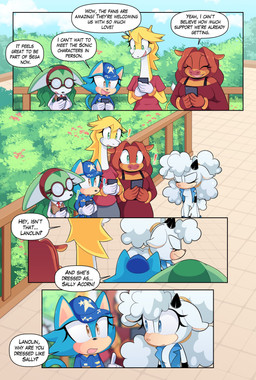 accessory alternate_costume anthro baseball_cap blue_body blue_fur bottomless bracelet cellphone clothed clothed_anthro clothed_female clothing comic_panel cosplay dress electronics eyewear female fully_clothed fully_clothed_anthro fully_clothed_female fur glasses gloves green_body green_eyes green_fur group hair_accessory handwear hat headgear headwear jacket jacket_only jewelry necktie partially_clothed partially_clothed_anthro partially_clothed_female phone red_body red_fur shirt smartphone swirly_eye_glasses t-shirt text topwear topwear_only white_body white_fur yellow_body yellow_fur emerald_kora idw_publishing sega sonic_the_hedgehog_(comics) sonic_the_hedgehog_(idw) sonic_the_hedgehog_(series) background_character giraffe_girl_(idw_sonic) lanolin_the_sheep_(sonic) megani_the_jackal melty_the_cow sally_acorn unnamed_character bovid bovine canid canine canis caprine cattle domestic_cat eulipotyphlan felid feline felis giraffe giraffid jackal mammal sheep absurd_res comic english_text hi_res