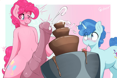 animal_genitalia animal_penis balls blue_eyes blush bodily_fluids candy chocolate chocolate_fountain crossgender cum cutie_mark cutlery dessert duo ejaculation equine_genitalia equine_penis erection feral food fork fountain fruit ftm_crossgender genital_fluids genitals horn kitchen_utensils male medial_ring one_eye_closed penis plant strawberry tools czu friendship_is_magic hasbro my_little_pony mythology party_favor_(mlp) pinkie_pie_(mlp) earth_pony equid equine horse mammal mythological_creature mythological_equine pony unicorn 3:2 absurd_res hi_res