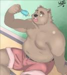 anthro bear belly biped bodily_fluids bottomwear bulge clothed clothing cosmic51moon dessert eating food fur hi_res ice_cream male mammal musclegut muscular muscular_anthro muscular_male overweight overweight_anthro overweight_male shorts sitting solo sweat