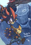 action_scene anthro battle black_body boss_battle boss_fight duo fur kemono male striped_body striped_fur stripes text weapon yellow_body yellow_fur oriririn insomniac_games ratchet_and_clank sega sonic_frontiers sonic_the_hedgehog_(series) sony_corporation sony_interactive_entertainment giganto_(sonic_frontiers) ratchet_(ratchet_and_clank) shadow_the_hedgehog eulipotyphlan hedgehog lombax mammal absurd_res crossover english_text hi_res japanese_text