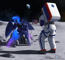 ambiguous_gender american_flag anthro black_clothing black_dress blue_body blue_eyes blue_hair blue_tail breasts cleavage clothed clothing crown dress duo earth ethereal_hair ethereal_tail female hair headgear horn moon on_the_moon planet sitting spacesuit tail tiara united_states_of_america wings clearvision friendship_is_magic hasbro my_little_pony mythology nasa princess_luna_(mlp) ambiguous_species equid equine mammal mythological_creature mythological_equine winged_unicorn 2024 3d_(artwork) absurd_res digital_media_(artwork) hi_res