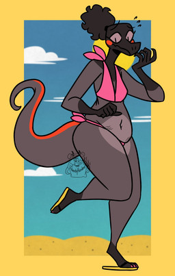 anthro beach belly_overhang bikini black_body black_scales clothing female footwear grey_body grey_scales hair long_tail orange_body orange_scales pink_bikini pink_clothing pink_swimwear ponytail pupils purple_eyes sandals scales shoes slit_pupils solo stretch_marks swimwear tail two-piece_swimsuit nerdyreindeer nintendo pokemon spice_(nerdyreindeer) generation_7_pokemon pokemon_(species) salandit hi_res