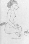 areola bowl breasts container crosslegged_pose eyes_closed female meditation nipples quills_(anatomy) simple_background sitting small_breasts solo aarifleman lobar mae_pai echidna mammal monotreme hi_res monochrome traditional_media_(artwork)