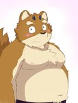 anthro belly black_nose blush bottomwear clothing cute_fangs fangs kemono male moobs nipples overweight overweight_male pants simple_background solo teeth white_background unknown_artist incubus! ink_incuberia canid canine mammal