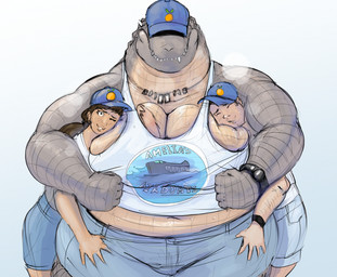 5_fingers anthro baseball_cap big_breasts bisexual bodily_fluids bottomwear breasts brown_hair clock clothed clothing denim denim_bottomwear denim_clothing female female/female fingers group hair hat headgear headwear huge_breasts human_on_anthro interspecies jeans leg_grab male male/female midriff navel non-mammal_breasts overweight overweight_anthro overweight_female pants ponytail sharp_teeth shirt simple_background sweat tank_top teeth text thick_thighs thigh_grab topwear trio watch white_background wide_hips doctordj amelia_(doctordj) alligator alligatorid crocodilian human mammal reptile scalie english_text hi_res