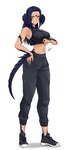 blue_hair bottomwear breasts clothed clothing crop_top female footwear hair horn midriff navel pants shirt shoes simple_background sneakers solo topwear white_background yellow_eyes airisubaka final_fantasy final_fantasy_xiv square_enix animal_humanoid au_ra humanoid scalie scalie_humanoid 2022 absurd_res hi_res