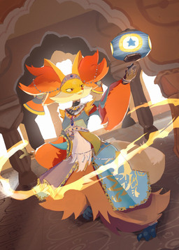 anthro claws clothing collar column crown dress dutch_angle fangs female female_anthro fire fur headgear inside jewelry lamp lantern necklace open_mouth orange_body orange_fur paper_lantern raised_arm red_eyes smile solo standing stick teeth tiara white_body white_fur yellow_body yellow_fur chufflepop nintendo pokemon sacred_style_delphox canid canine delphox fox generation_6_pokemon mammal pokemon_(species) 2026 full-length_portrait hi_res portrait