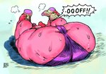 anthro big_butt bodily_fluids butt clothed clothed_anthro clothed_female clothing dialogue female female_anthro footwear hair holding_both_legs legs_above_head legs_up lying on_back pink_body pink_hair pink_skin purple_clothing simple_background socks solo speech_bubble sweat thick_thighs dyna_soar petunia_(dyna_soar) animal_humanoid avian avian_humanoid bird_humanoid humanoid 2020 full-length_portrait portrait signature