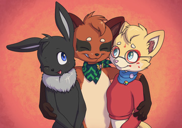 anthro black_body black_markings black_nose blue_eyes bottomless cheek_tuft clothed clothing countershade_face countershade_torso countershading eye_markings eyes_closed eyewear facial_tuft front_view glasses gloves_(marking) group head_tuft hug kerchief kerchief_only looking_at_another male markings mostly_nude multicolored_body neck_tuft neckerchief neckerchief_only neckwear one_eye_closed pink_nose red_body red_clothing red_shirt red_topwear round_glasses shirt simple_background smile topwear trio tuft two_tone_body wearing_glasses white_body white_countershading yellow_body minum nintendo pokemon pokemon_mystery_dungeon spike_chunsoft miles_eon domestic_cat eevee felid feline felis generation_1_pokemon generation_8_pokemon mammal nickit pokemon_(species) 2025 absurd_res hi_res