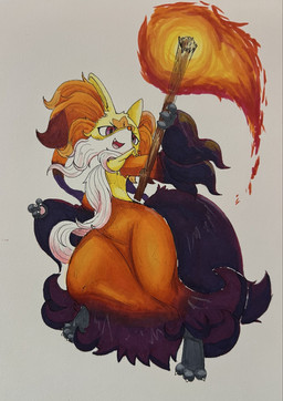 3_fingers 3_toes ambiguous_anthro ambiguous_gender anthro arm_tuft biped black_body cheek_tuft chest_tuft claws cute_fangs digitigrade elemental_manipulation facial_tuft fangs feet fingers fire fire_manipulation front_view fur handpaw hip_tuft holding_object holding_stick inner_ear_fluff multicolored_body multicolored_fur nude_ambiguous nude_anthro open_mouth open_smile orange_body orange_fur orange_inner_ear_fluff orange_nose pawpads paws pink_pawpads pointy_ears prick_ears purple_body purple_fur purple_inner_ear_fluff purple_tail red_eyes shoulder_tuft simple_background smile solo standing stick tail tapering_snout teeth toe_claws toes tongue tuft white_background white_body white_claws white_fur yellow_body yellow_fur stuffmadebymelol nintendo pokemon pokemon_legends_z-a canid generation_9_pokemon mammal mega_delphox mega_evolution pokemon_(species) 2026 colored full-length_portrait hi_res marker_(artwork) portrait shaded traditional_media_(artwork)