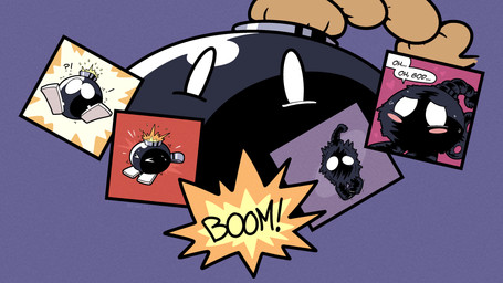 after_transformation blush bodily_fluids bomb dialogue explosion explosives flying_sweatdrops heart_symbol hearts_around_head scared solo speech_bubble surprised sweat sweatdrop transformation wind-up_key worried trevor-fox mario_bros nintendo trevor-fox_(character) bob-omb dire_animate_inanimate 16:9 comic hi_res widescreen